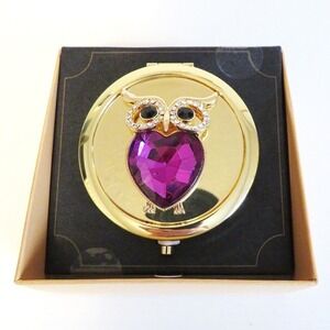 Beautiful Monet Gold Tone Owl Compact Double Mirror NWT Jeweled Owl